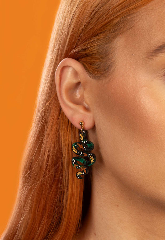 Large Green Whimsical Snake Dangle Earrings or Necklace – Hypoallergenic Stainless Steel