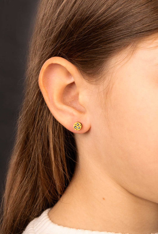 Micro Gold and White Leopard Print Wooden Circle Stud Earrings – Hypoallergenic Stainless Steel