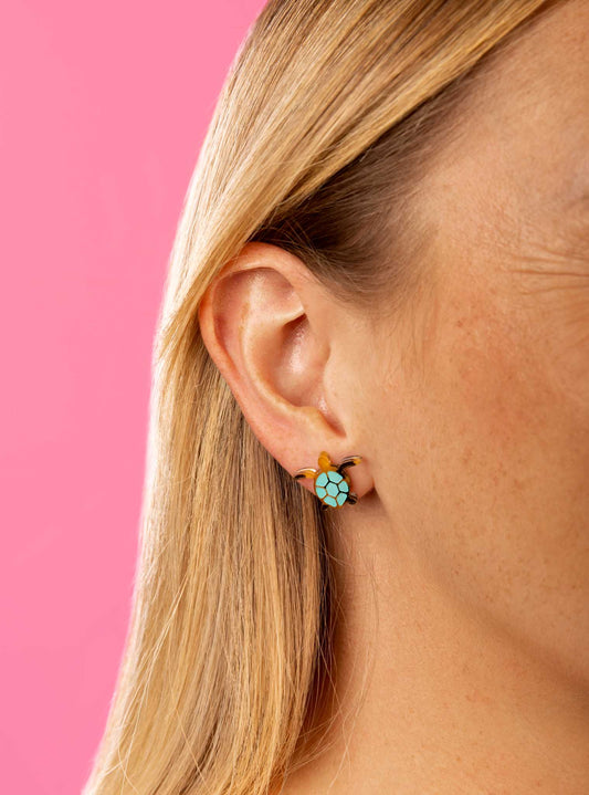 Small Turquoise and Tortoise Shell Acrylic Turtle Stud Earrings – Hypoallergenic Stainless Steel