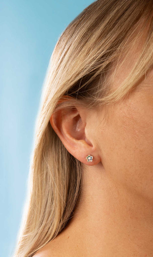 Micro Iridescent Blue Acrylic Flower Stud Earrings – Hypoallergenic Stainless Steel