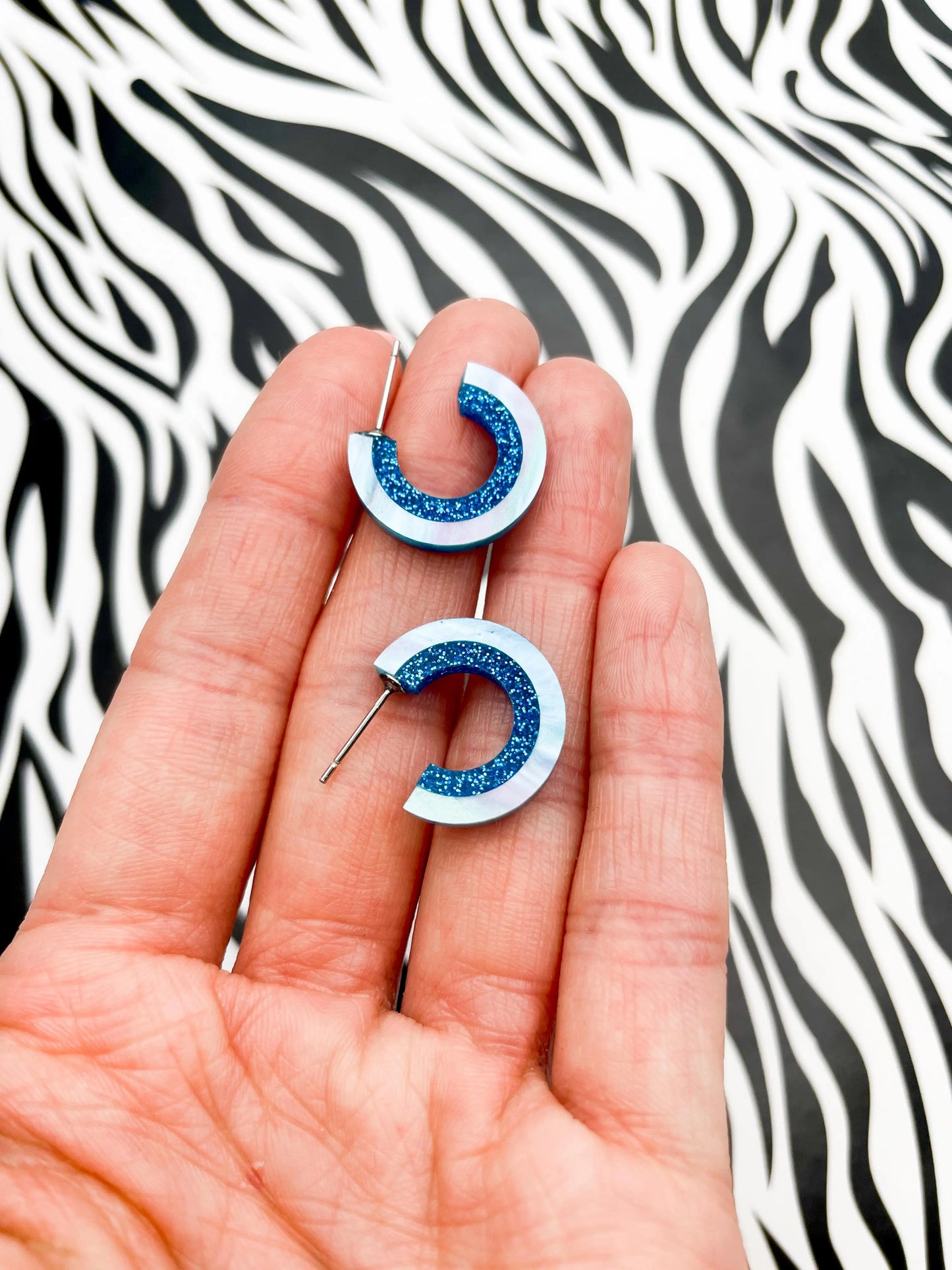 Baby Blue Marble and Blue Glitter Striped Acrylic Hoops from Sapphire Frills