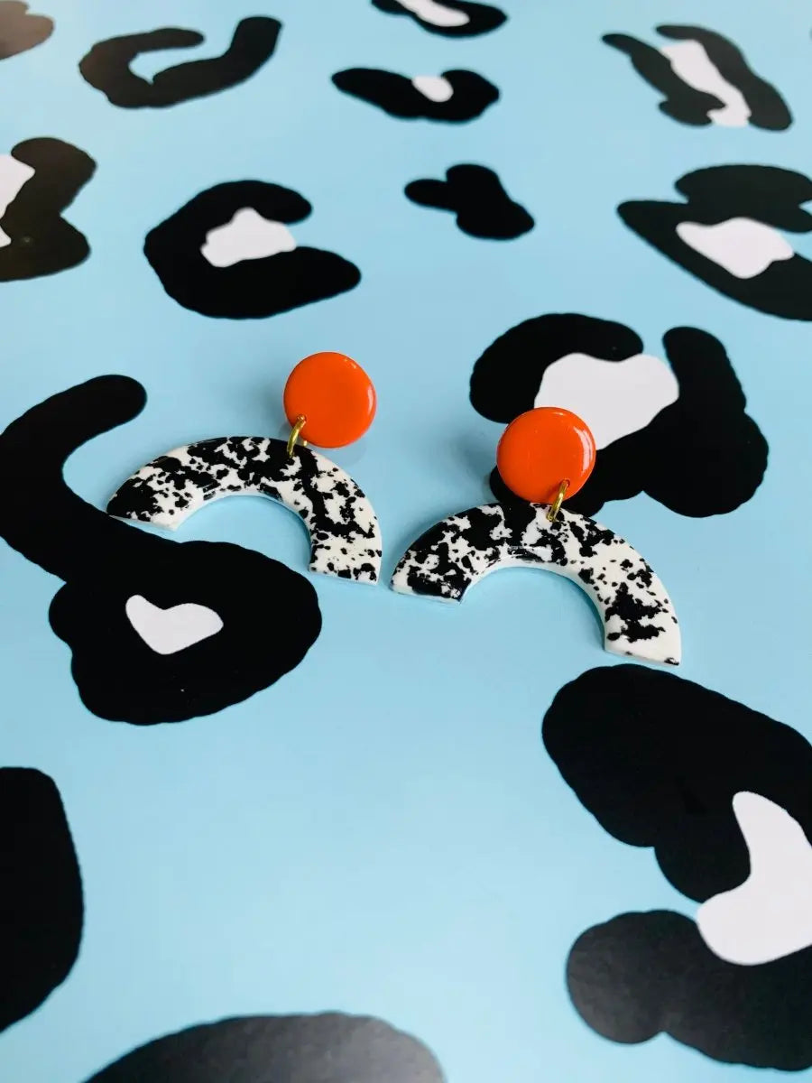 Bright Orange and Black and White Speckle Arch Dangle Earrings Sapphire Frills