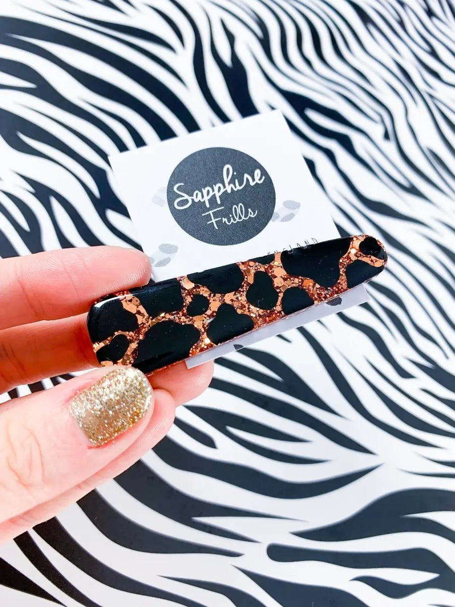Copper Glitter Cow Print Hair Clips from Sapphire Frills