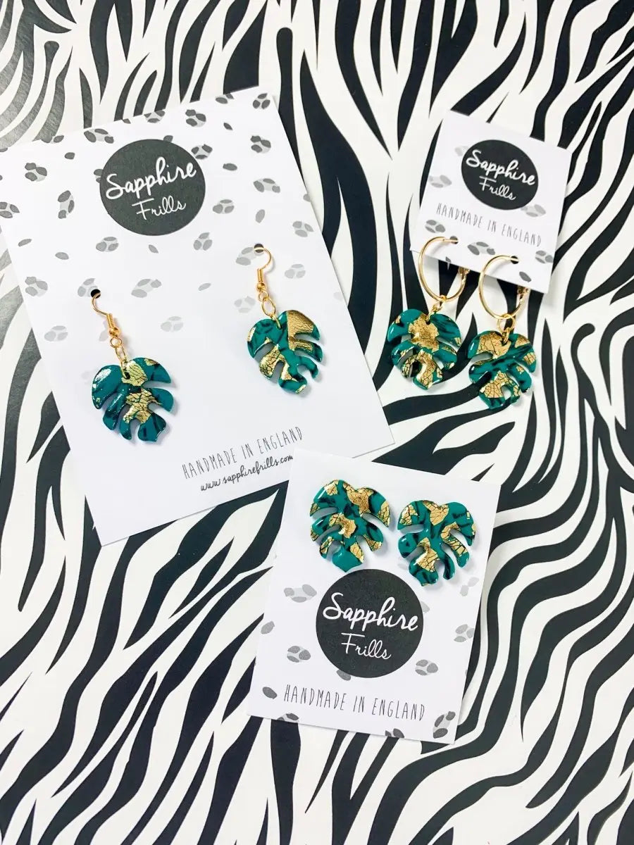 Emerald and Gold Marble Monstera Leaf Earrings Sapphire Frills