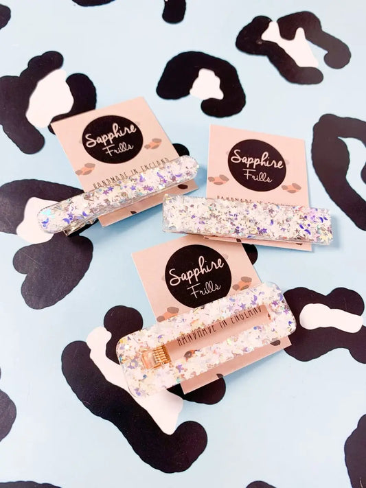 Florescent White Star and Moon Glitter Hair Clips from Sapphire Frills