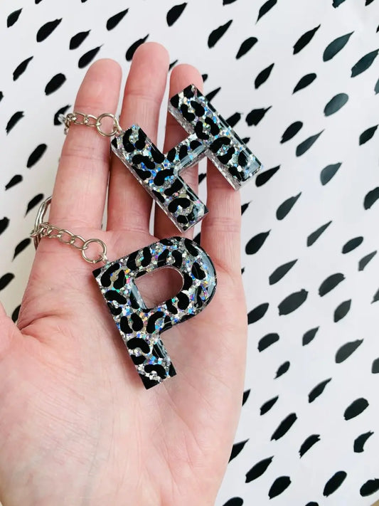 Holographic Silver Glitter Leopard Print Initial Keyring from Sapphire Frills