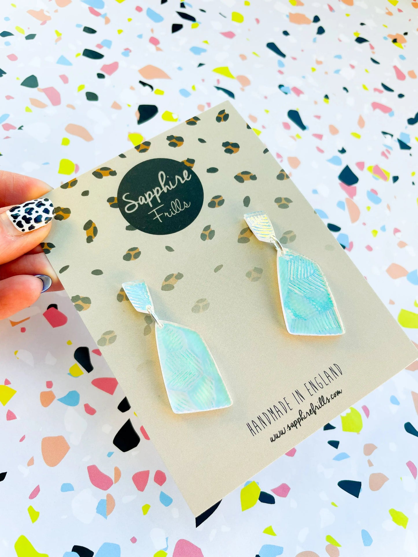 Iridescent Shell Acrylic Stone Dangle Earrings from Sapphire Frills