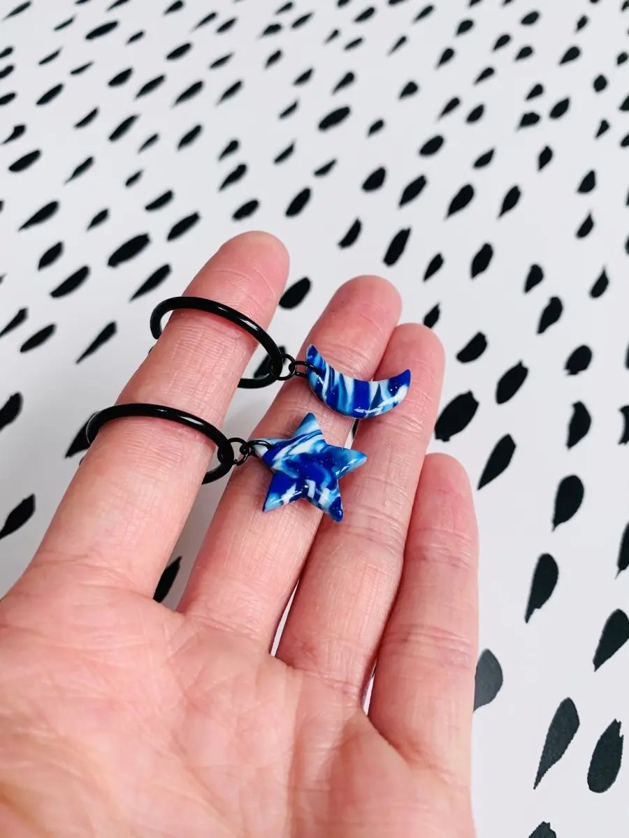 Medium Blue Marble Star and Moon Mismatch Dangle Earrings Sapphire Frills