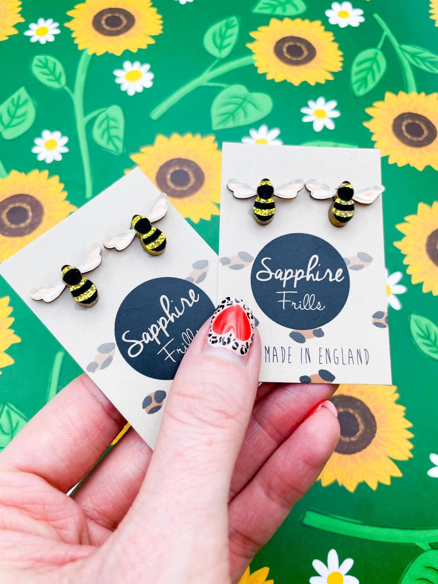Medium Gold Glitter and Iridescent Blue Acrylic Bee Studs from Sapphire Frills