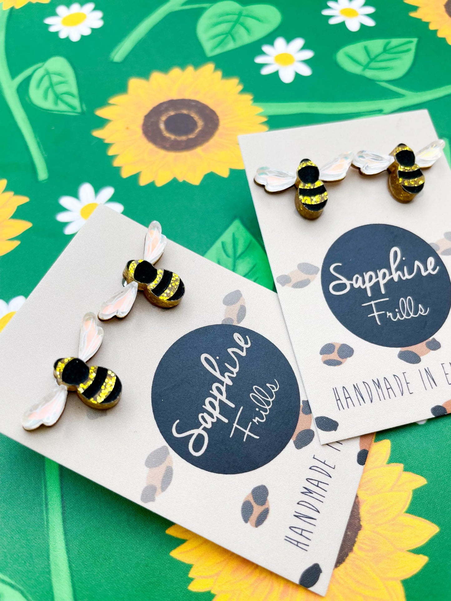 Medium Gold Glitter and Iridescent Blue Acrylic Bee Studs from Sapphire Frills
