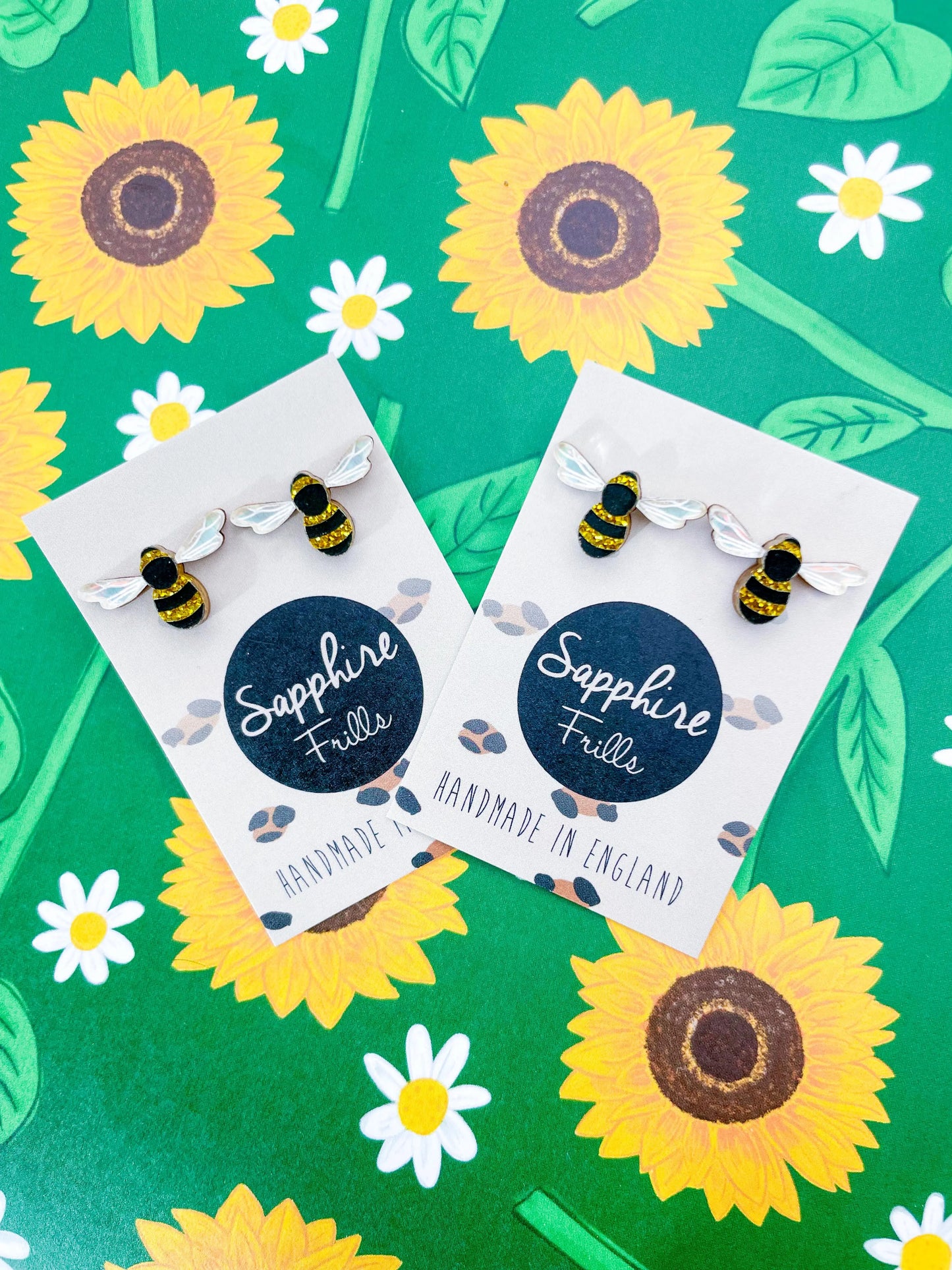 Medium Gold Glitter and Iridescent Blue Acrylic Bee Studs from Sapphire Frills