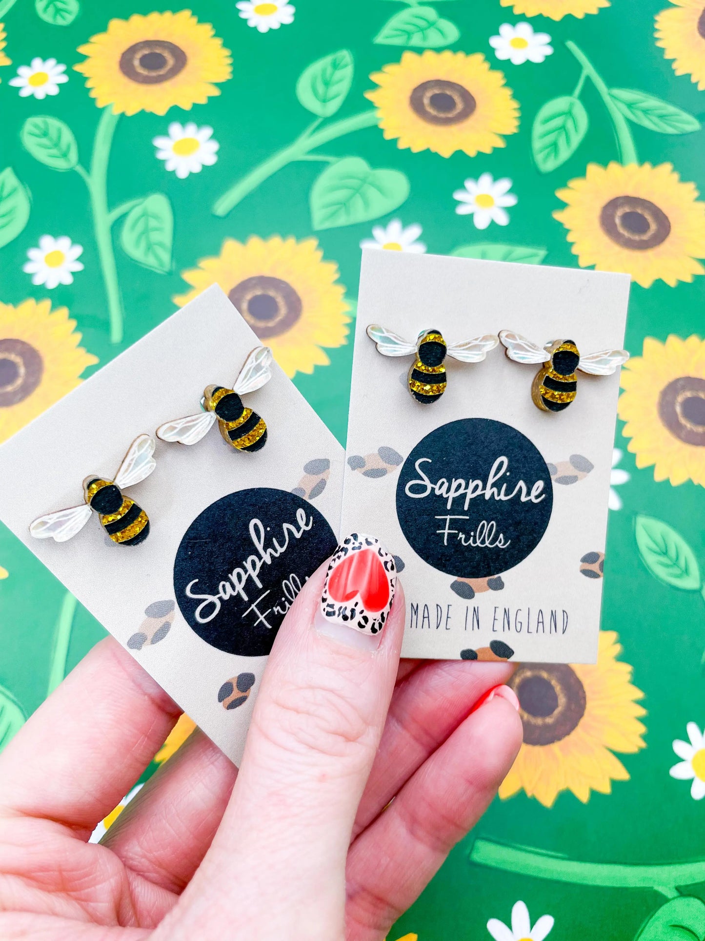 Medium Gold Glitter and Iridescent Blue Acrylic Bee Studs from Sapphire Frills