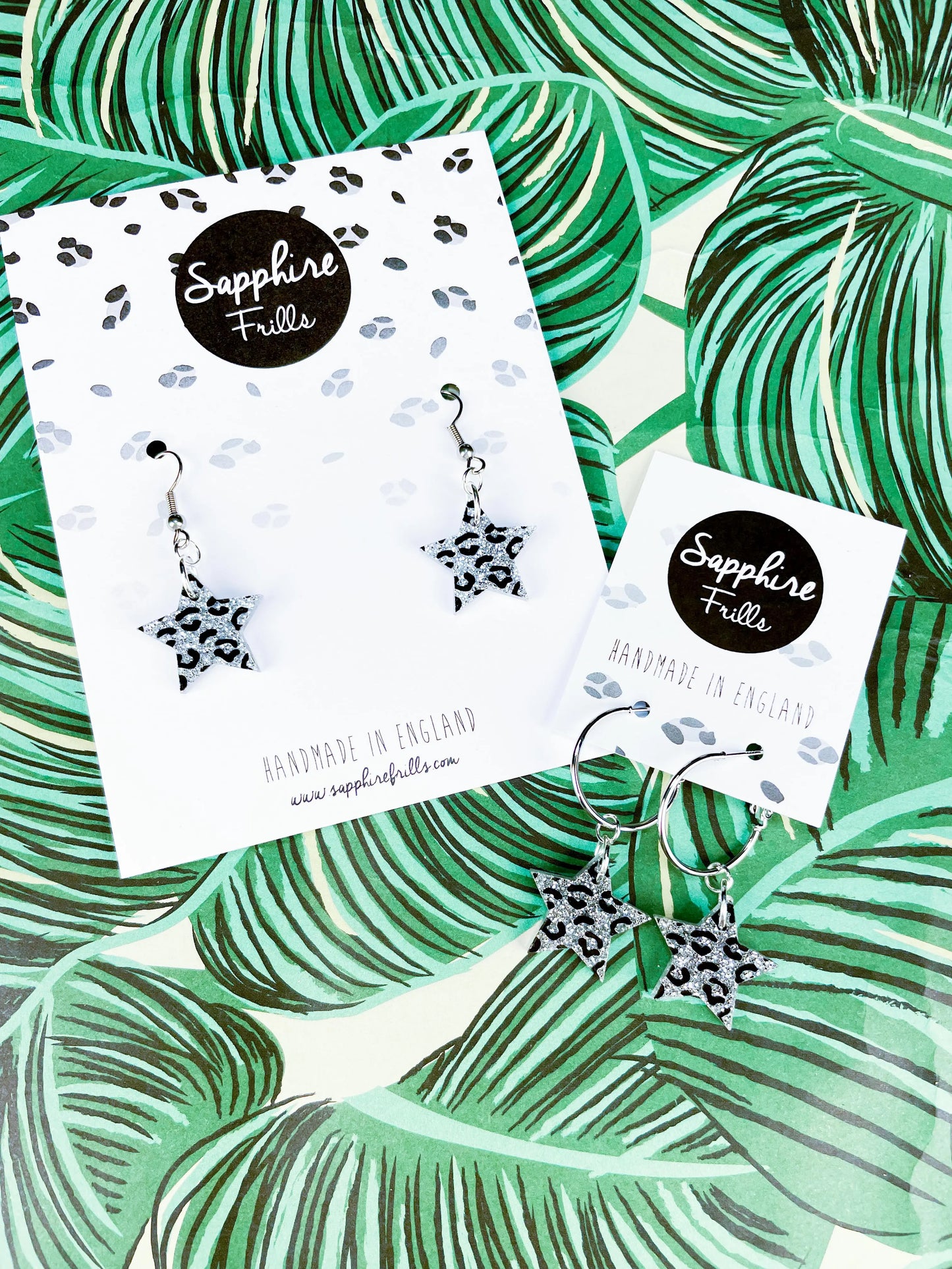 Medium Holographic Silver Glitter Leopard Print Acrylic Star Dangle Earrings from Sapphire Frills