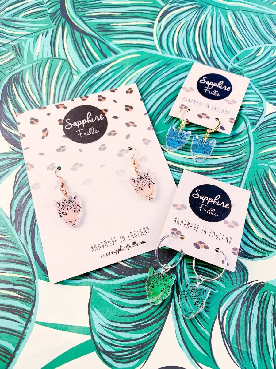 Medium Iridescent Acrylic Leopard Face Dangle Earrings Sapphire Frills