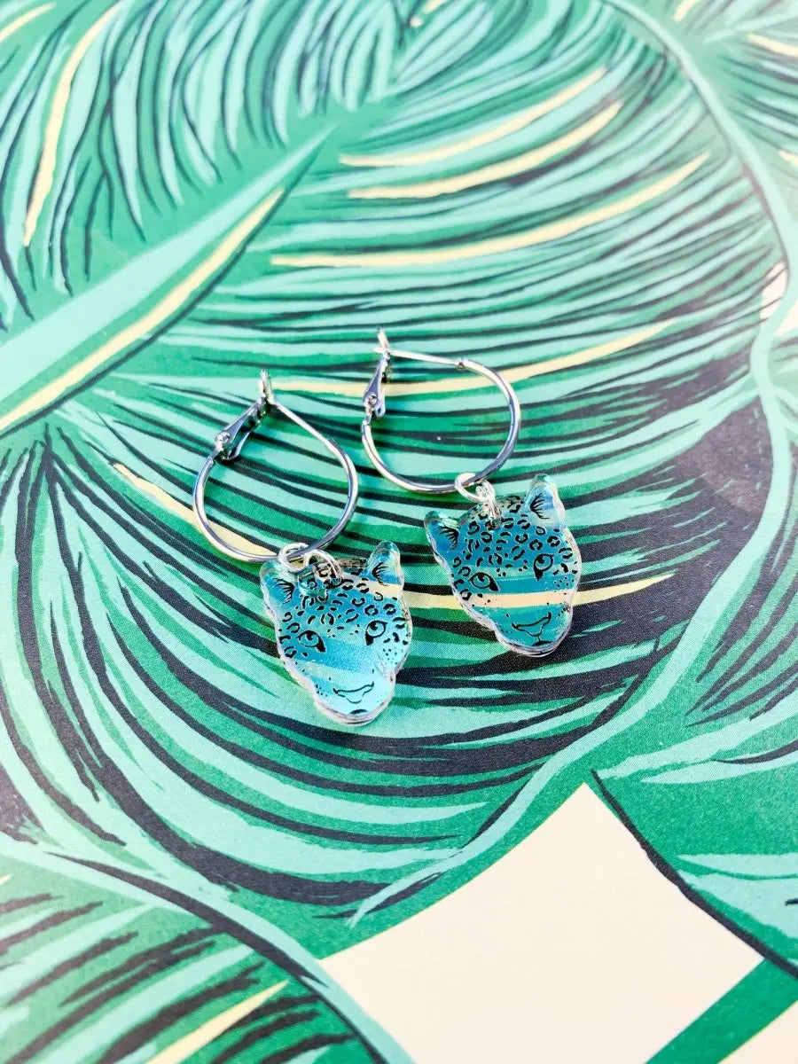 Medium Iridescent Acrylic Leopard Face Dangle Earrings Sapphire Frills