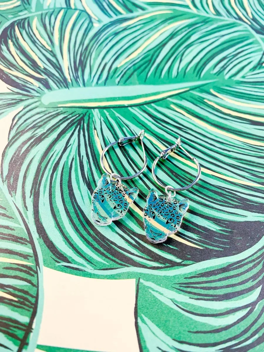 Medium Iridescent Acrylic Leopard Face Dangle Earrings Sapphire Frills