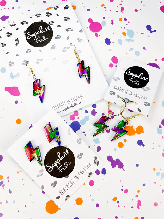 Medium Rainbow Foil Lightning Bolt Stud Earrings from Sapphire Frills