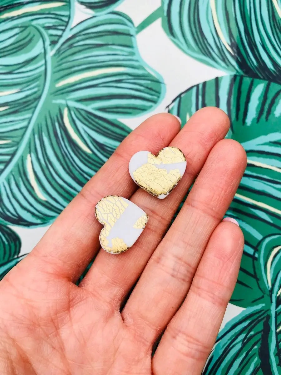 Medium White and Gold Heart Stud Earrings Sapphire Frills
