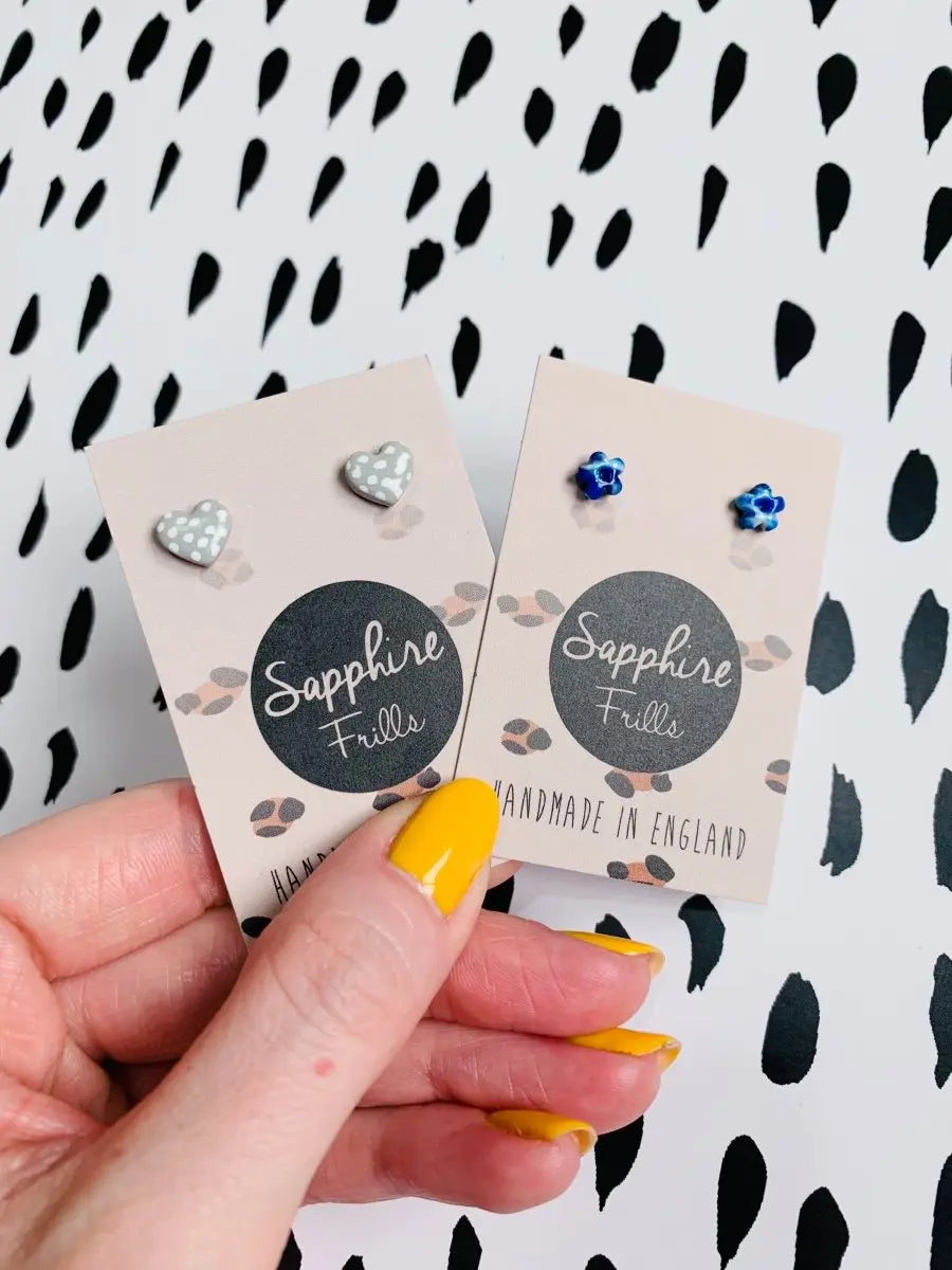 Micro Lemon Yellow Ditzy Leopard Print Heart Stud Earrings Sapphire Frills