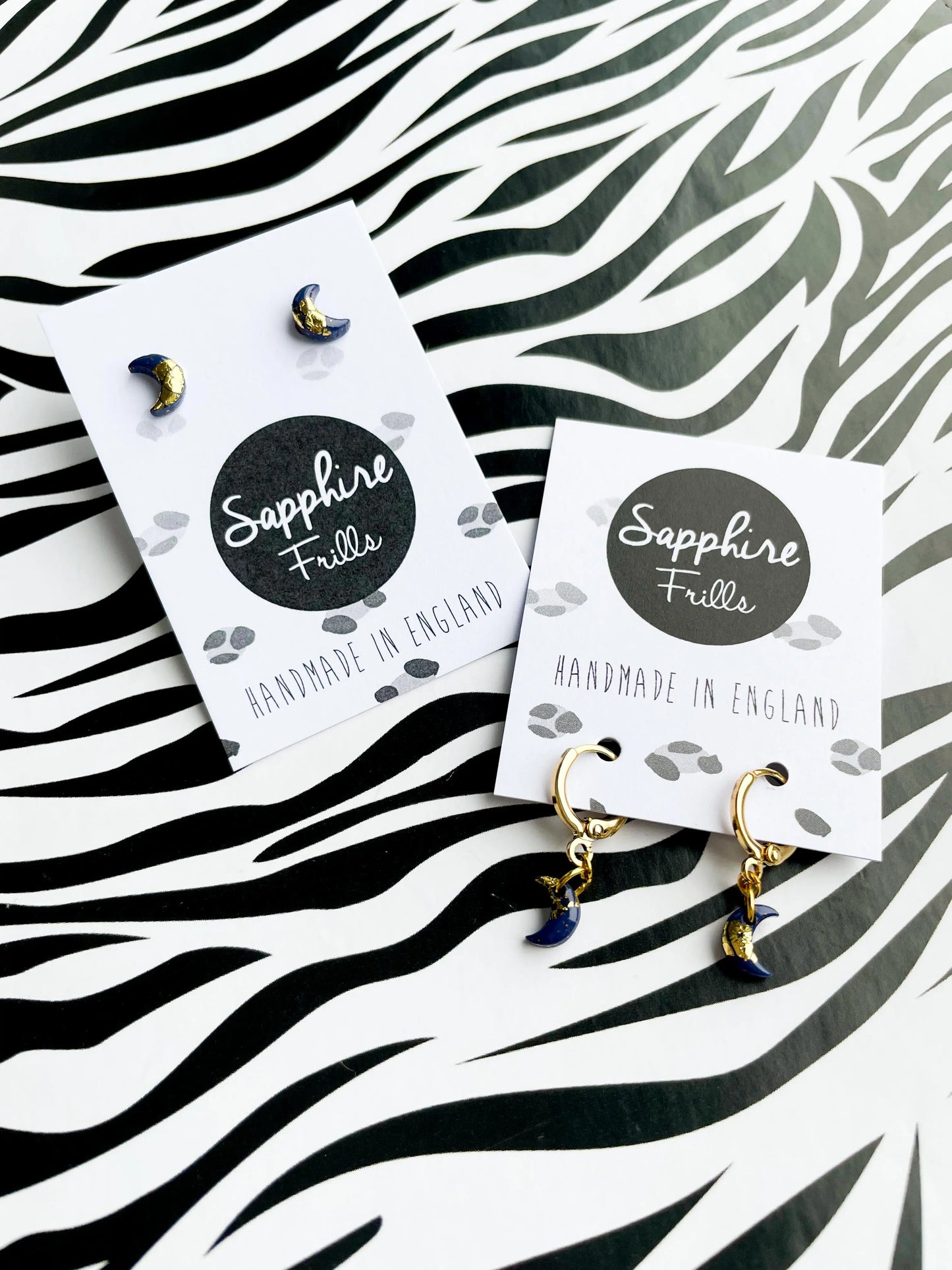 Micro Navy and Gold Moon Stud Earrings from Sapphire Frills
