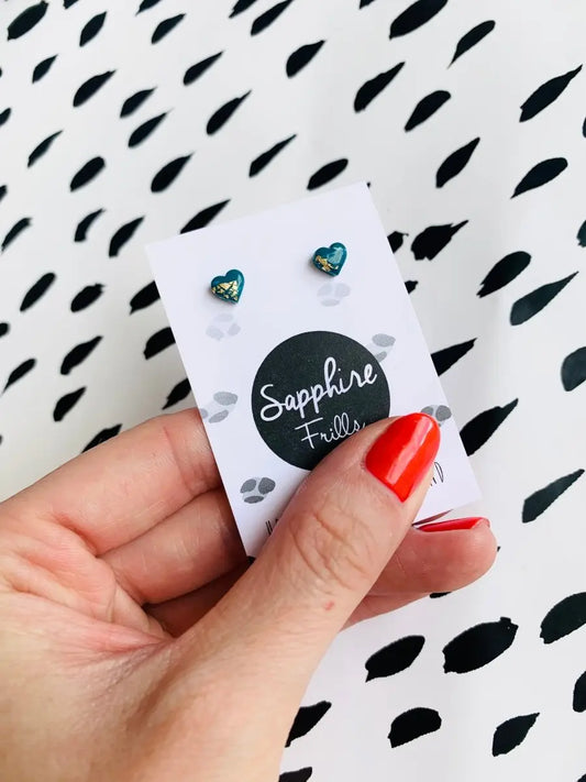 Micro Teal and Gold Marble Heart Stud Earrings from Sapphire Frills