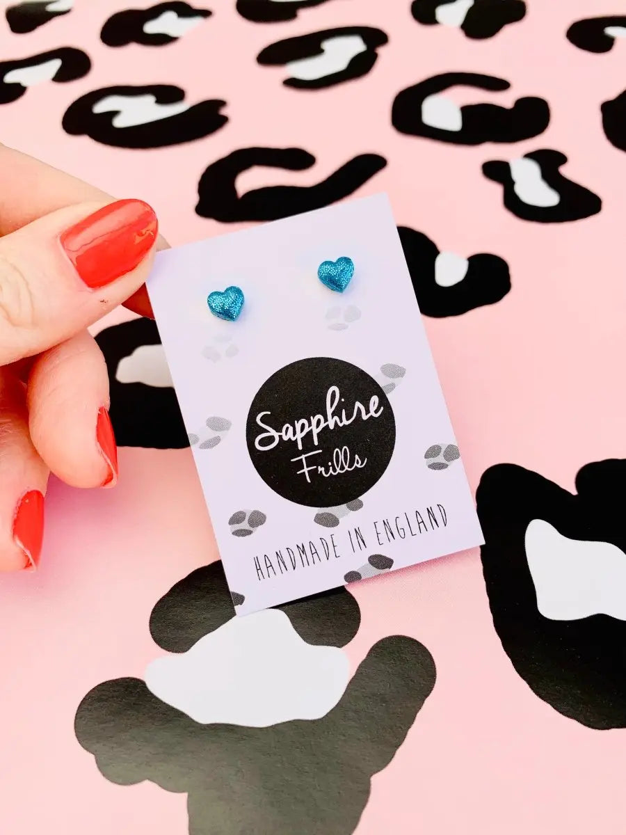 Micro Turquoise Blue Glitter Heart Stud Earrings Sapphire Frills