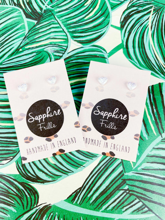 Micro White and Holographic Glitter Heart Stud Earrings from Sapphire Frills