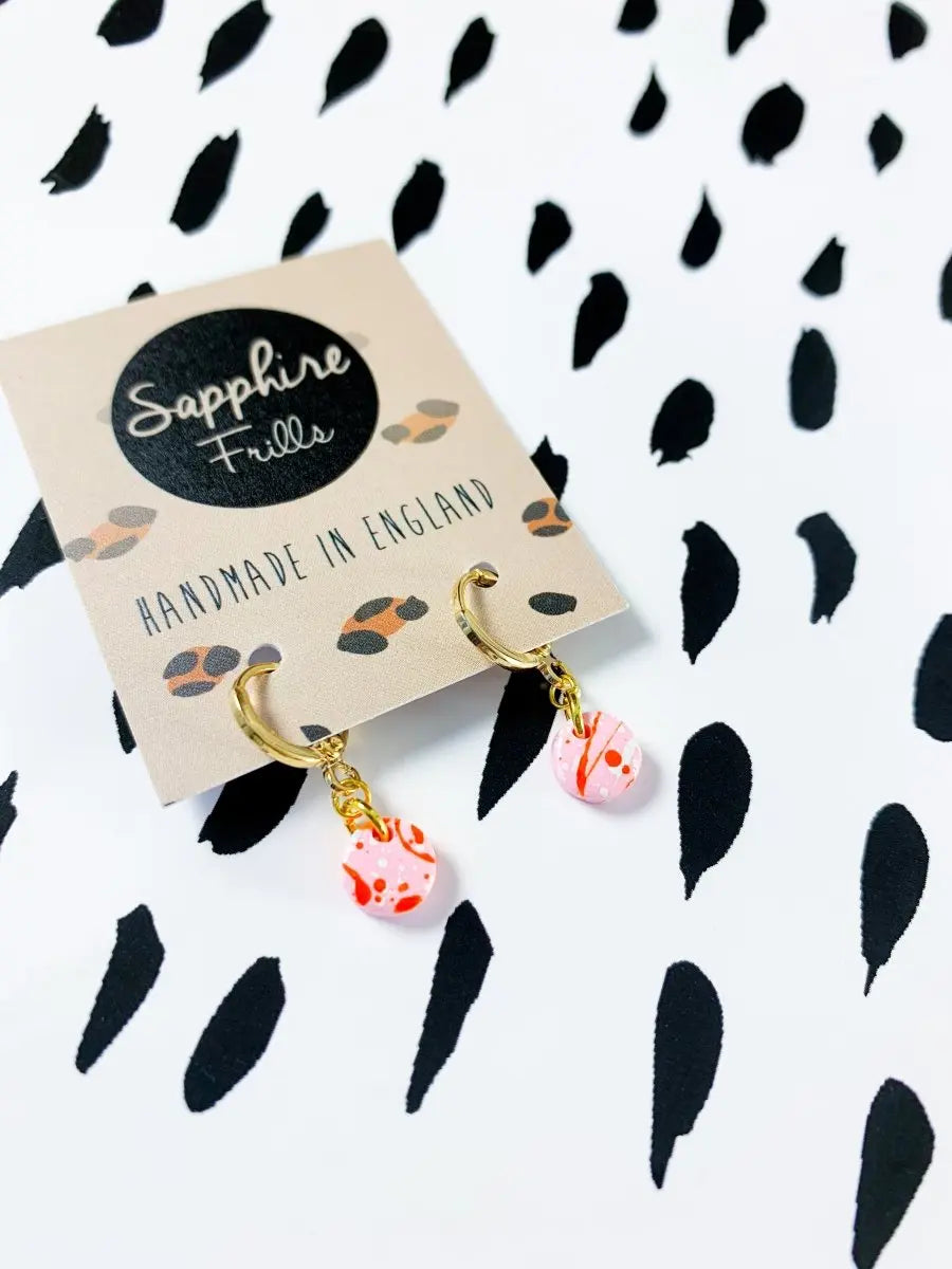 Mini Baby Pink, Orange and White Splatter Circle Stud Earrings from Sapphire Frills