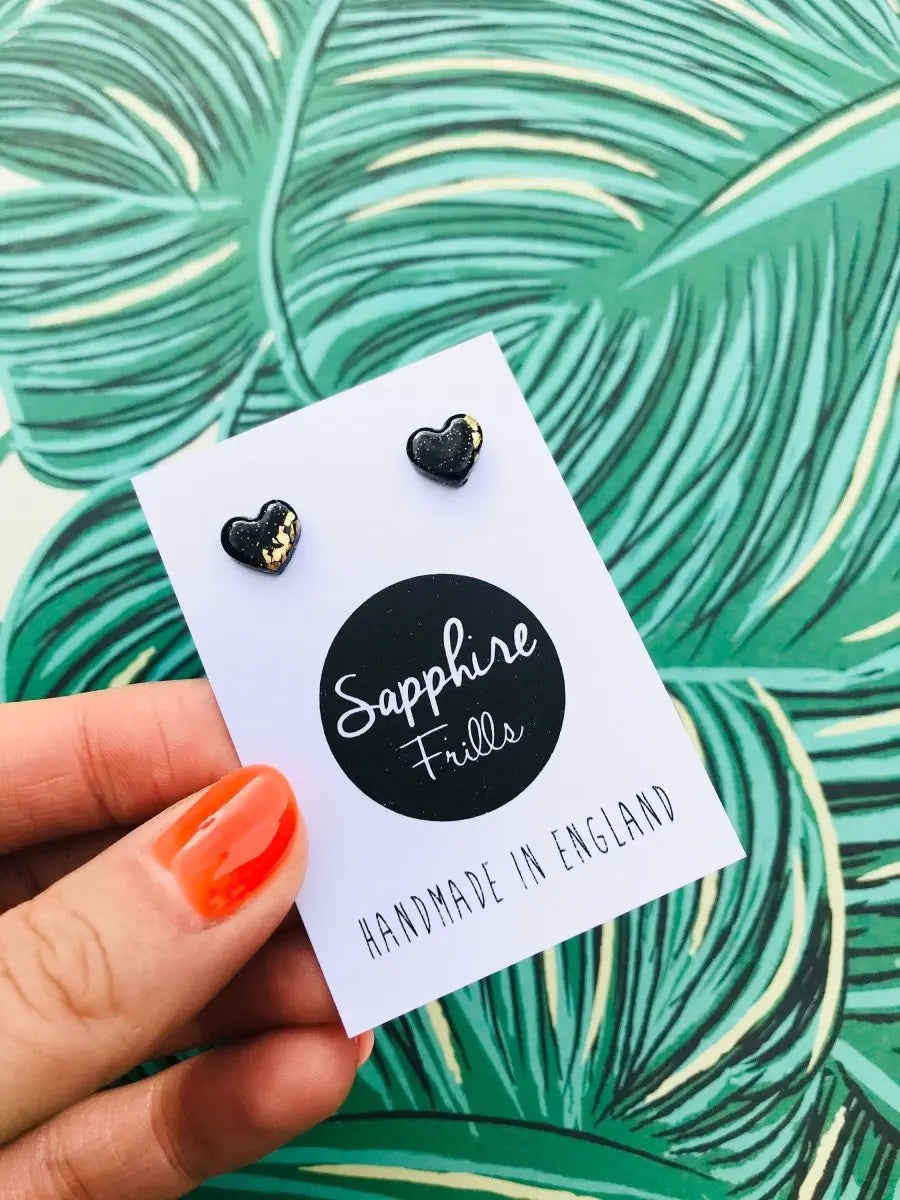 Mini Black and Gold Heart Stud Earrings Sapphire Frills