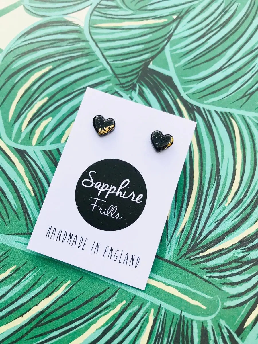 Mini Black and Gold Heart Stud Earrings Sapphire Frills