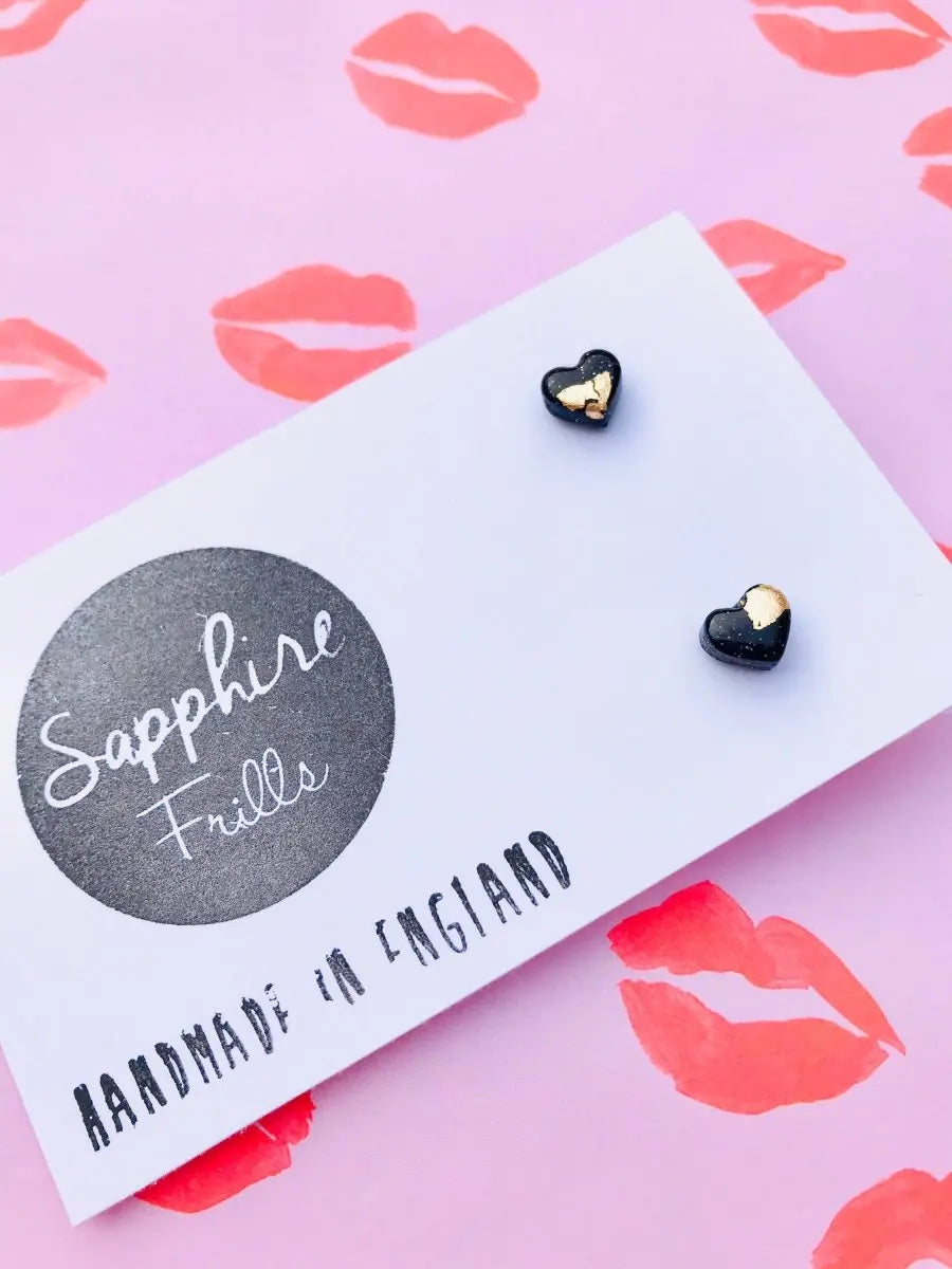 Mini Black and Gold Heart Stud Earrings Sapphire Frills