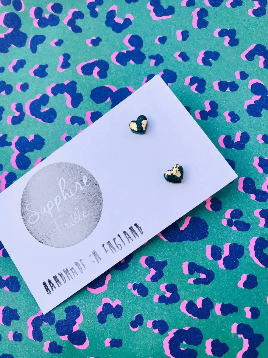 Mini Dark Green and Gold Heart Stud Earrings Sapphire Frills
