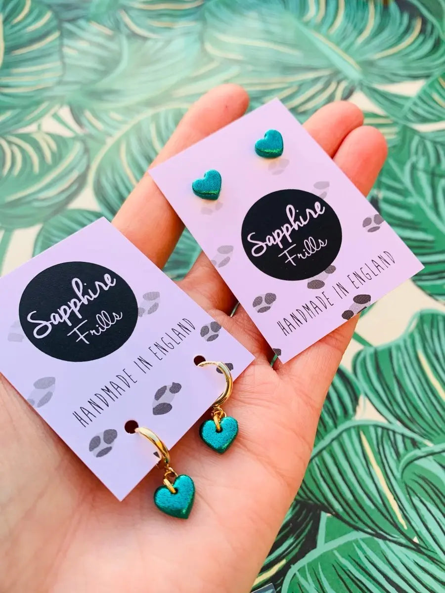 Mini Emerald Glitter Heart Stud Earrings Sapphire Frills