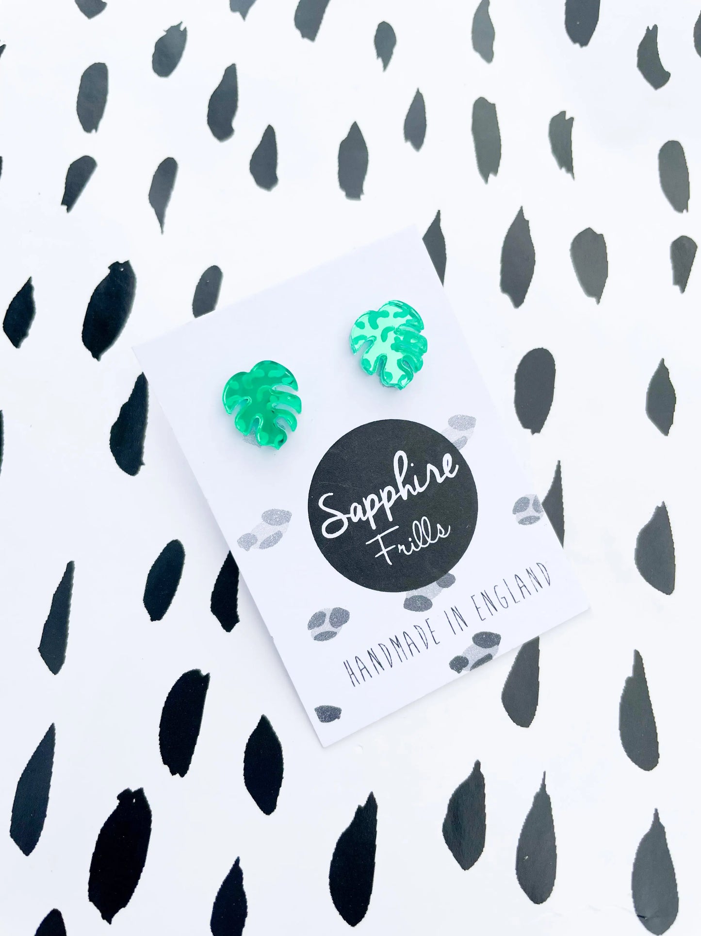 Mini Green Leopard Print Acrylic Mirror Monstera Leaf Stud Earrings from Sapphire Frills