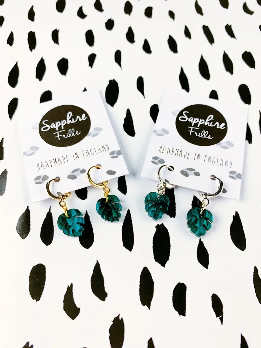 Mini Green and Black Galaxy Glitter Marble Acrylic Monstera Leaf Hoop Earrings Sapphire Frills