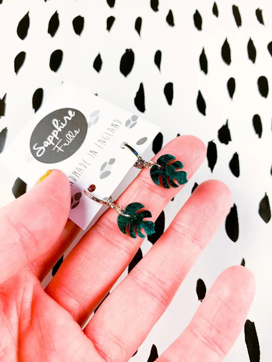 Mini Green and Black Galaxy Glitter Marble Acrylic Monstera Leaf Hoop Earrings Sapphire Frills