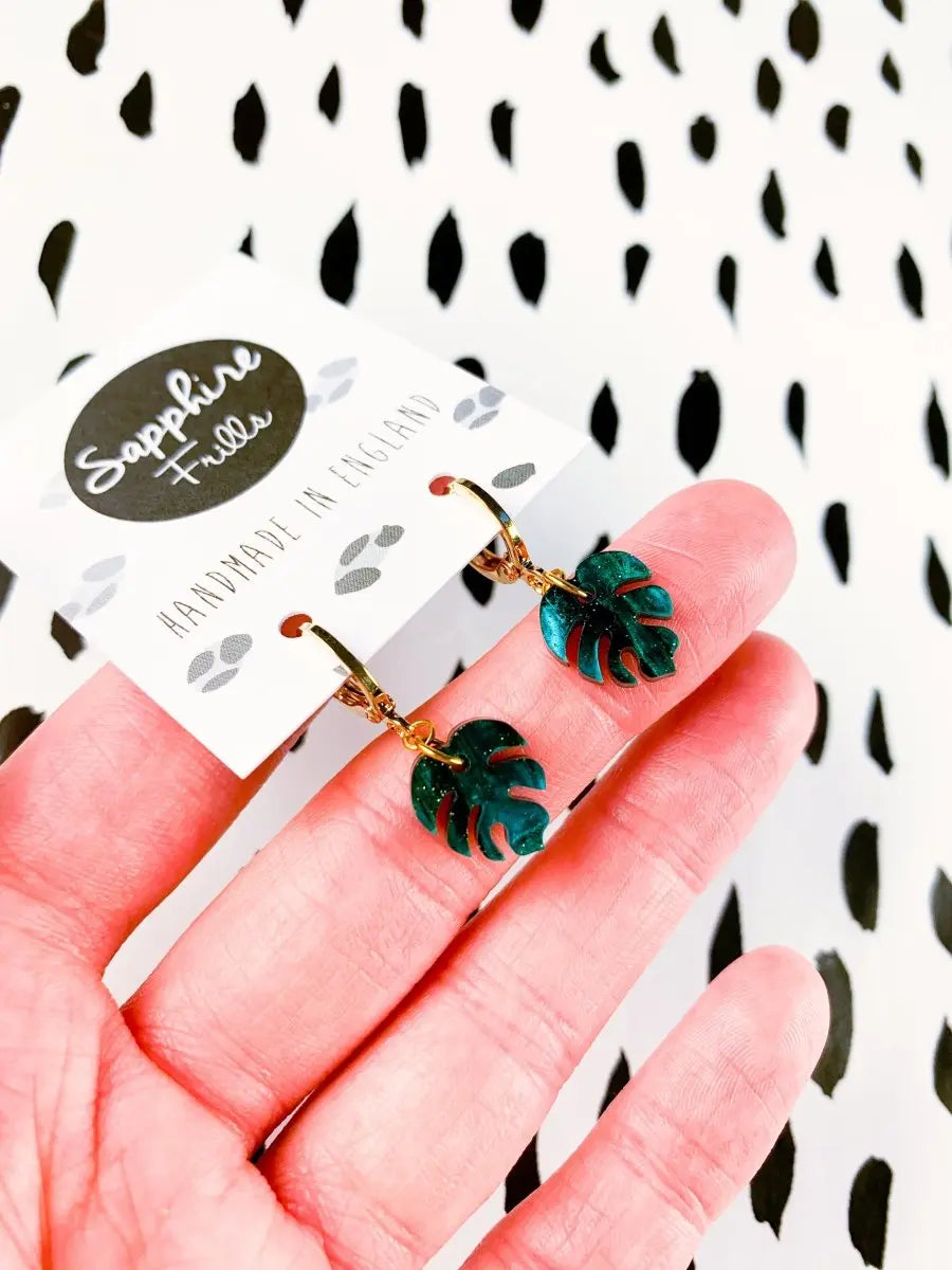 Mini Green and Black Galaxy Glitter Marble Acrylic Monstera Leaf Hoop Earrings Sapphire Frills