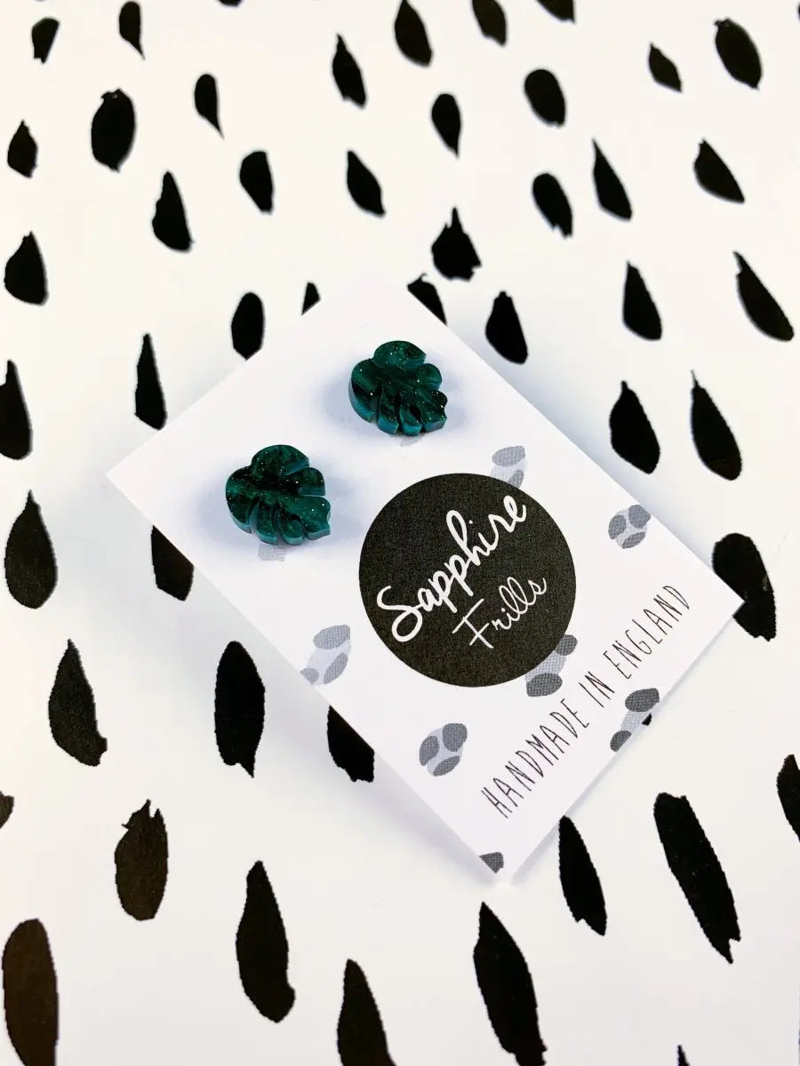 Mini Green and Black Galaxy Glitter Marble Acrylic Monstera Leaf Stud Earrings Sapphire Frills