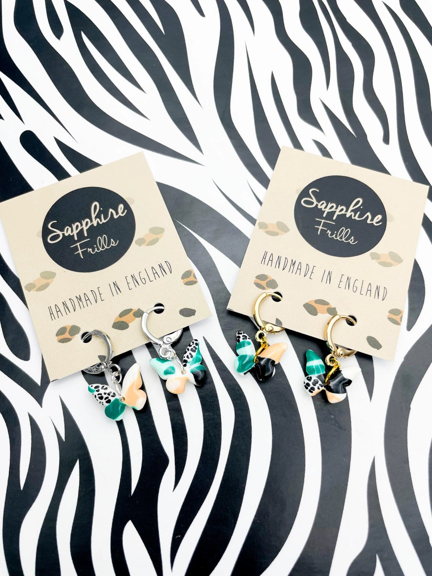 Mini Green and Peach Abstract Leopard Print Butterfly Stud Earrings from Sapphire Frills