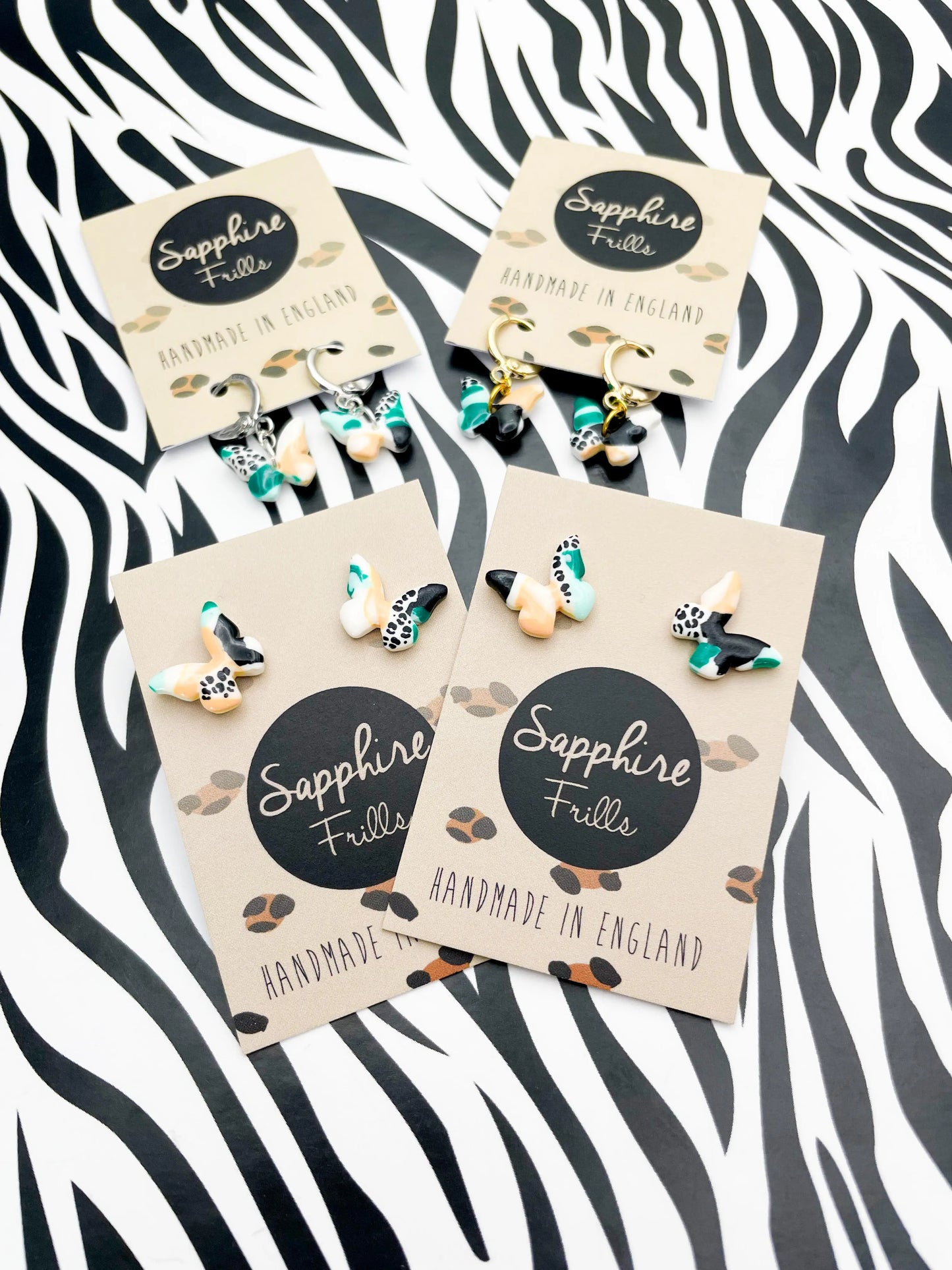 Mini Green and Peach Abstract Leopard Print Butterfly Stud Earrings from Sapphire Frills