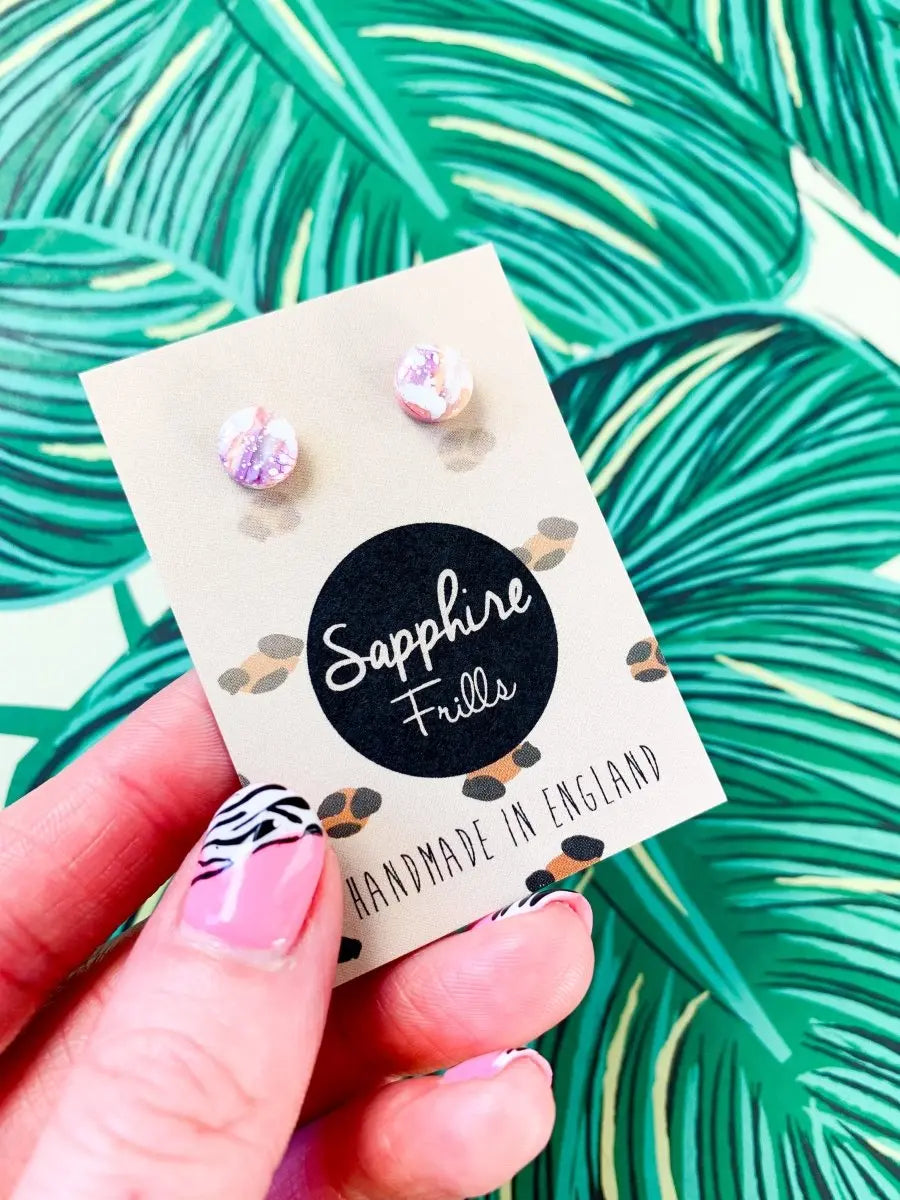 Mini Lilac and Peach Marble Splatter Circle Stud Earrings from Sapphire Frills