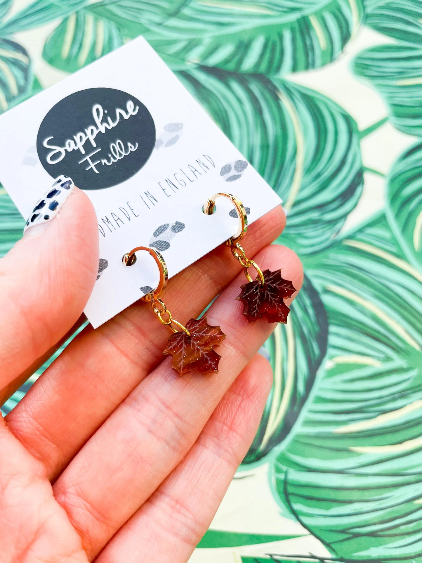 Mini Maroon Glitter Marble Acrylic Maple Leaf Dangle Earrings from Sapphire Frills