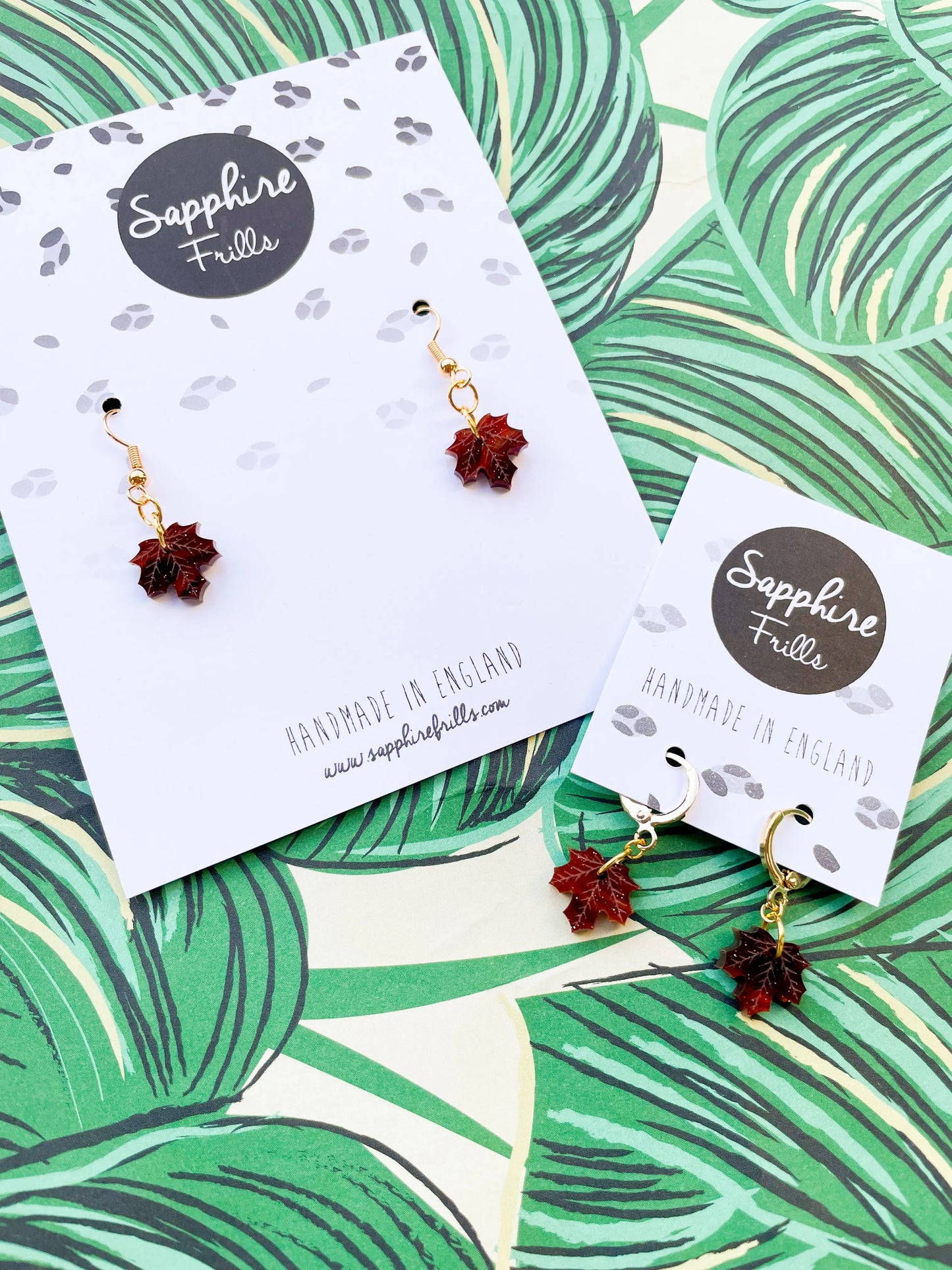 Mini Maroon Glitter Marble Acrylic Maple Leaf Dangle Earrings from Sapphire Frills