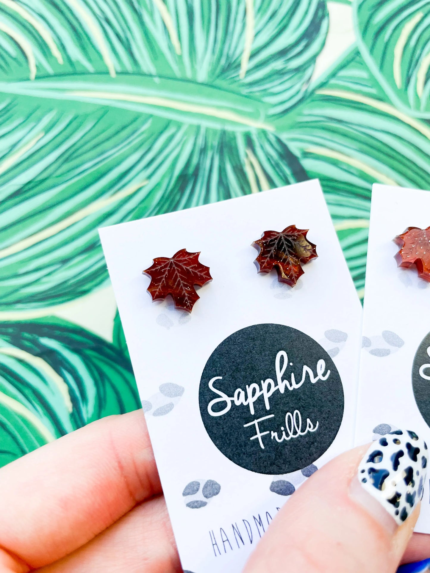 Mini Maroon Glitter Marble Acrylic Maple Leaf Stud Earrings from Sapphire Frills