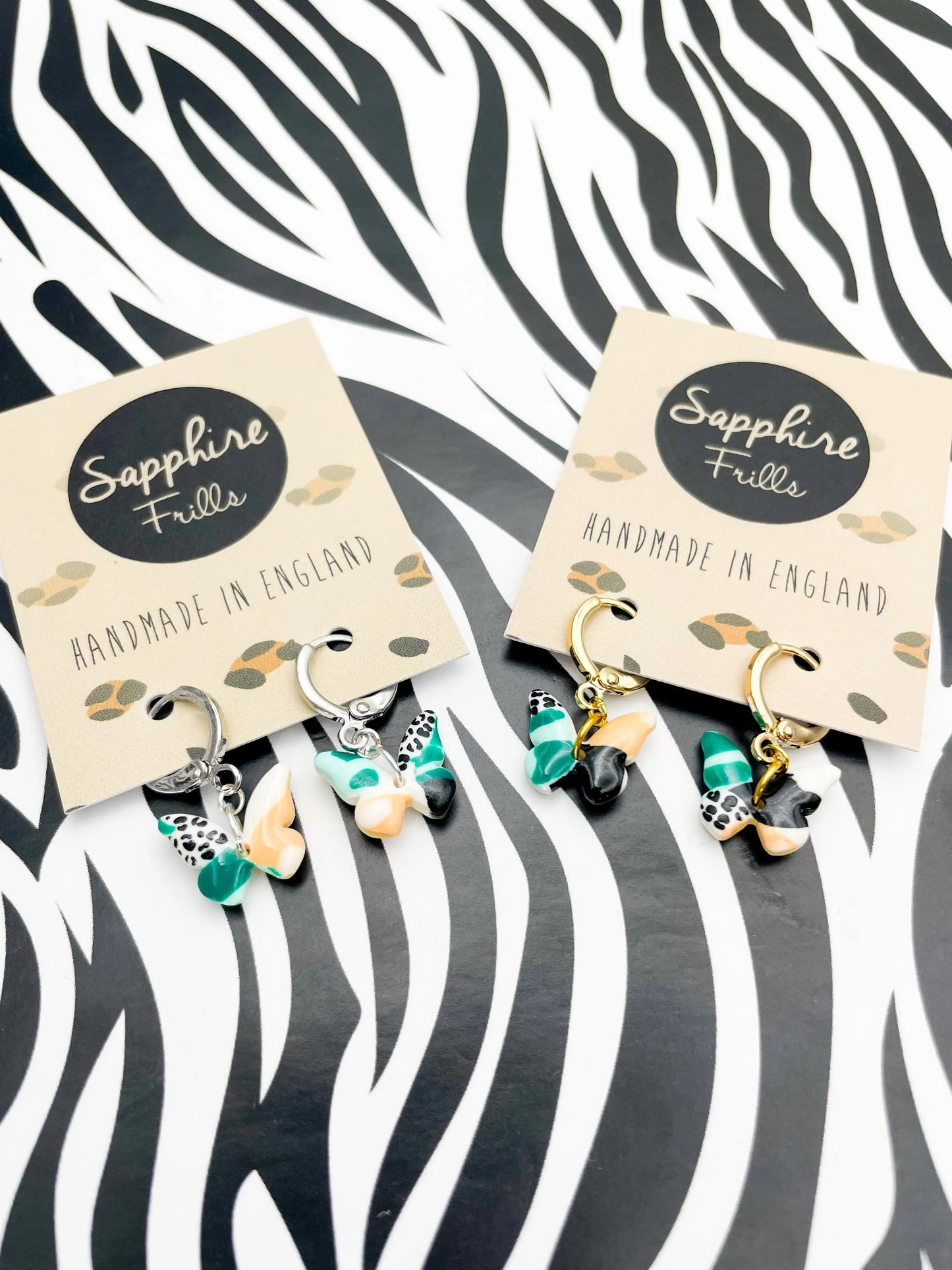 Mini Mint and Peach Abstract Jungle Leopard Print Butterfly Stud Earrings from Sapphire Frills