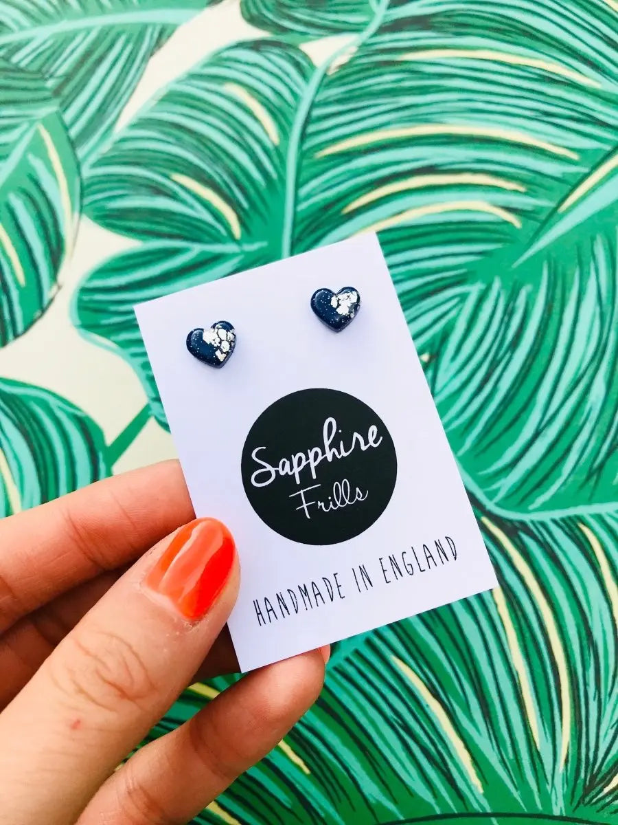 Mini Navy and Silver Heart Stud Earrings Sapphire Frills