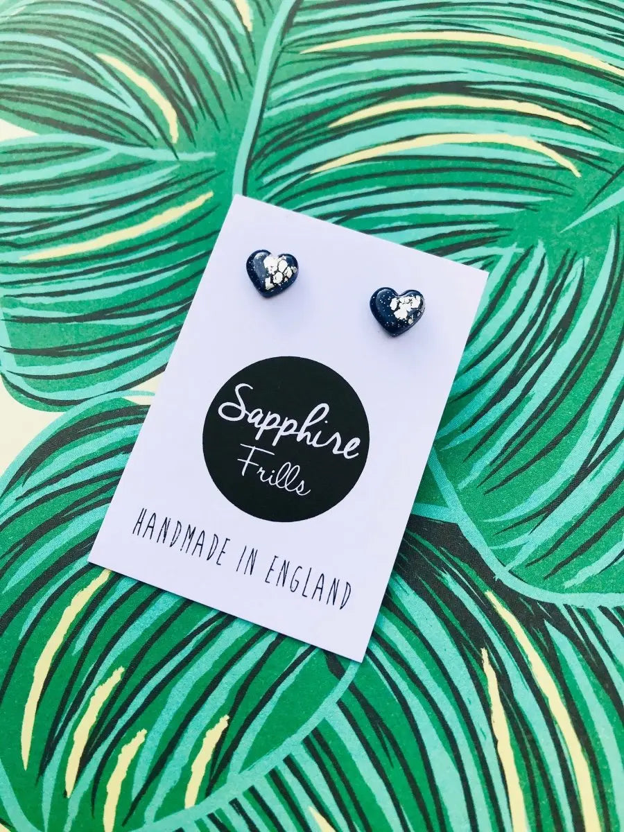 Mini Navy and Silver Heart Stud Earrings Sapphire Frills