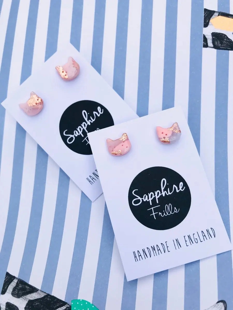 Mini Rose Gold Translucent Kitty Cat Heads Stud Earrings Sapphire Frills