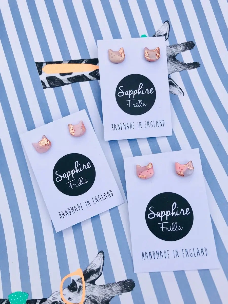 Mini Rose Gold Translucent Kitty Cat Heads Stud Earrings Sapphire Frills