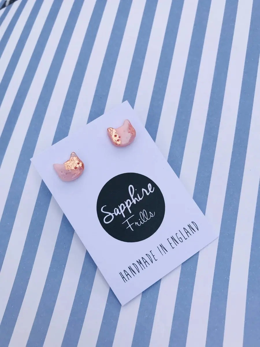 Mini Rose Gold Translucent Kitty Cat Heads Stud Earrings Sapphire Frills